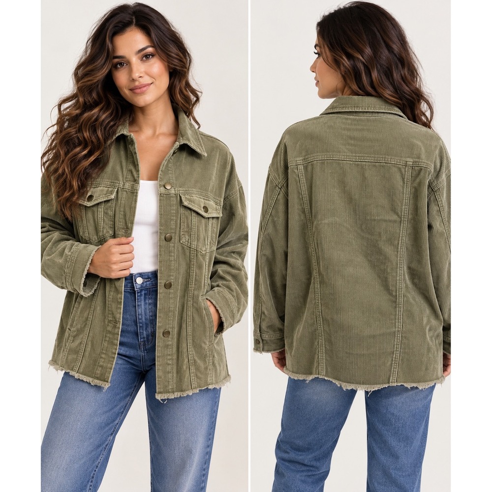 Zara Corduroy Jacket Olive Green Frayed Hem Oversized Shacket Boho Gorpcore